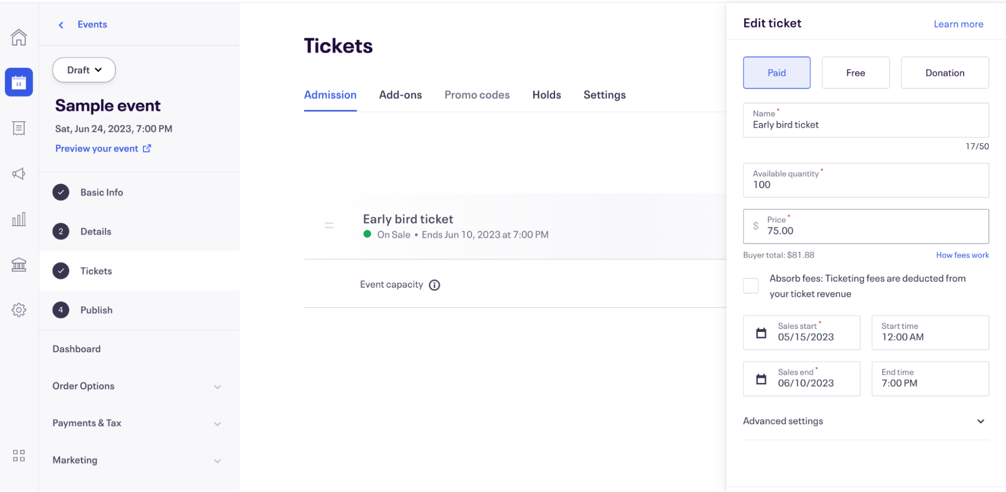 A screenshot of Eventbrite's platform, creating early bird tickets